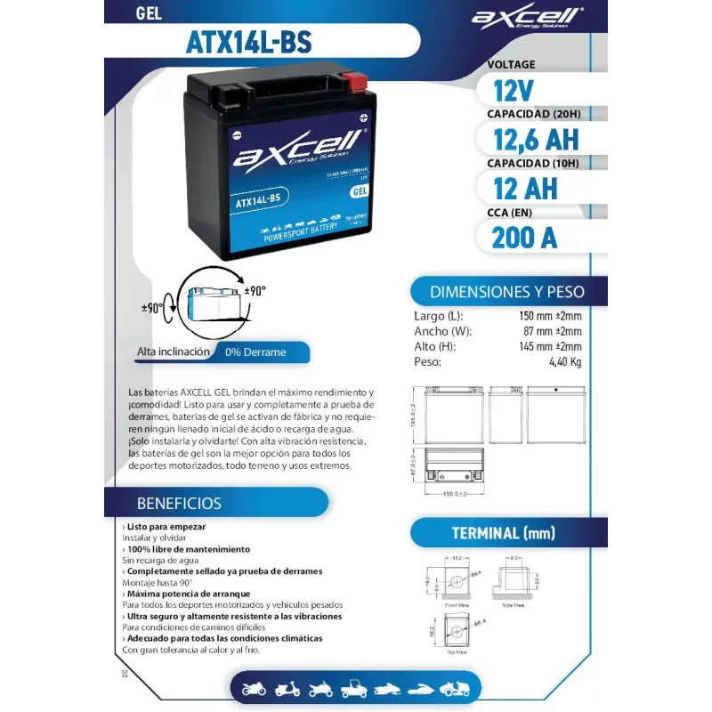 Batería moto Axcell GEL ATX14L-BS