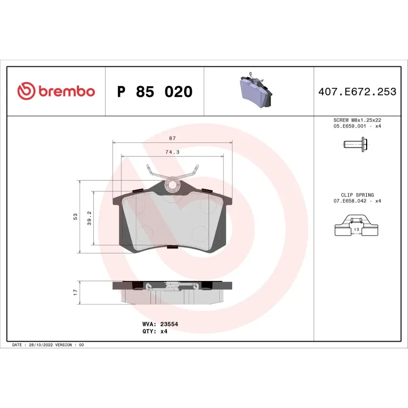 BREMBO P85020 Juego de pastillas de freno