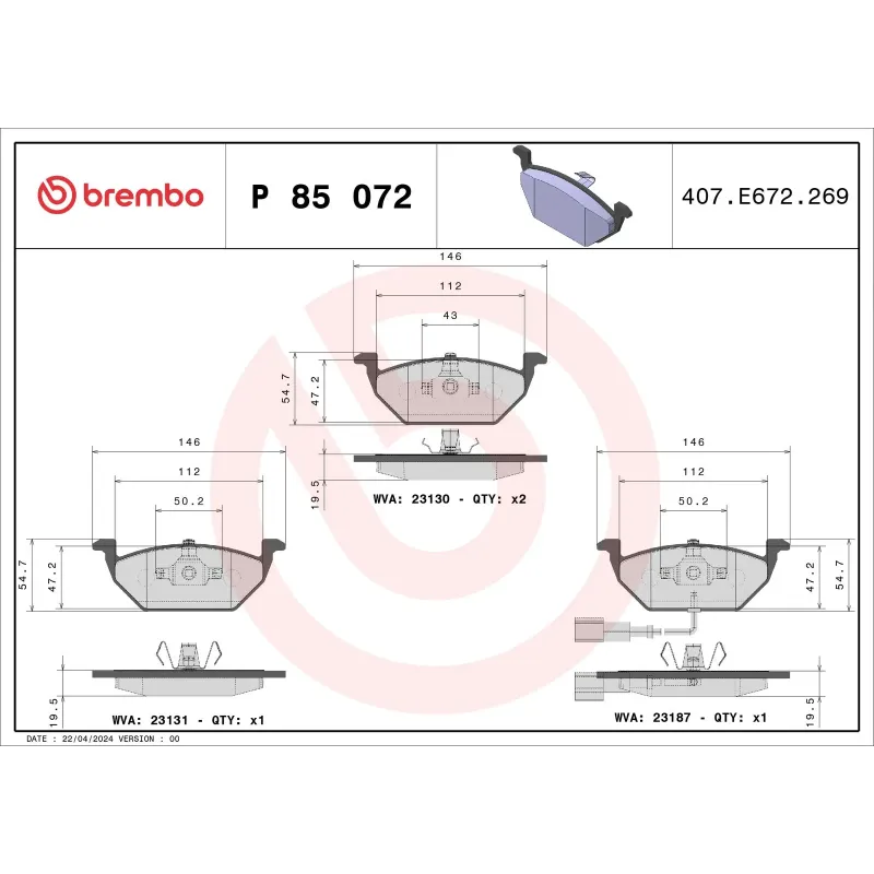 BREMBO P85072 Juego de pastillas de freno