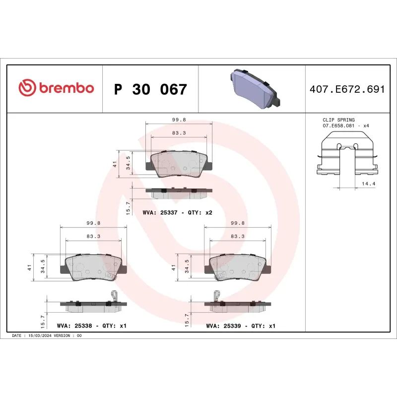 BREMBO P30067 Juego de pastillas de freno