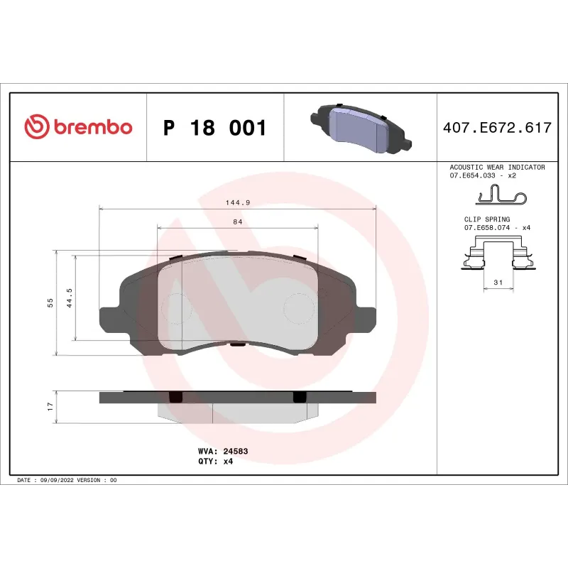 BREMBO P18001 Juego de pastillas de freno