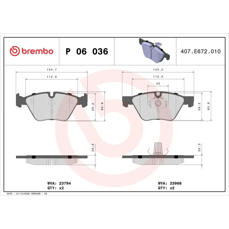 BREMBO P06036 Juego de pastillas de freno