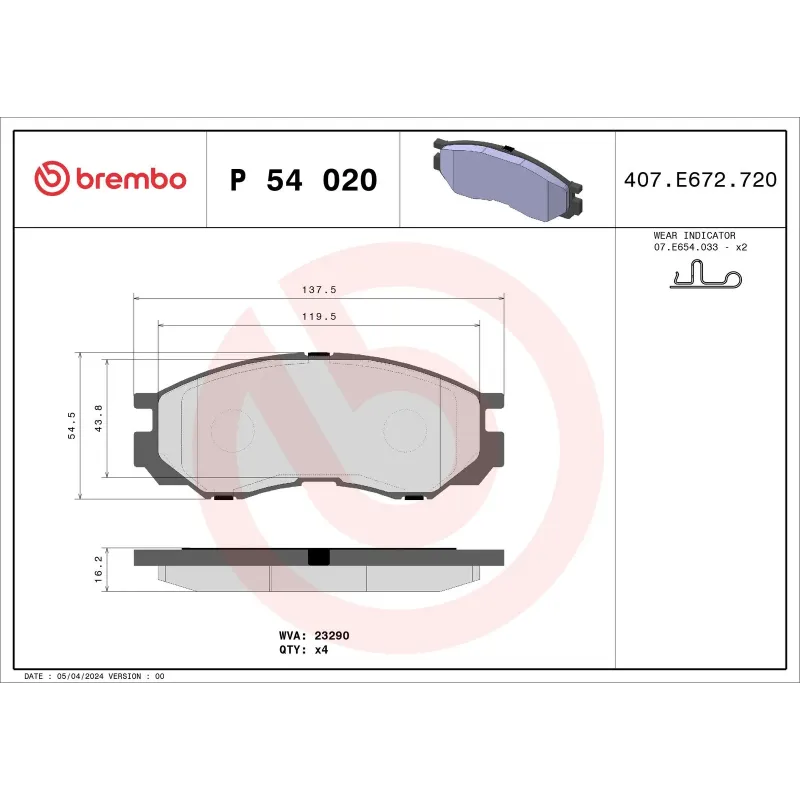 BREMBO P54020 Juego de pastillas de freno