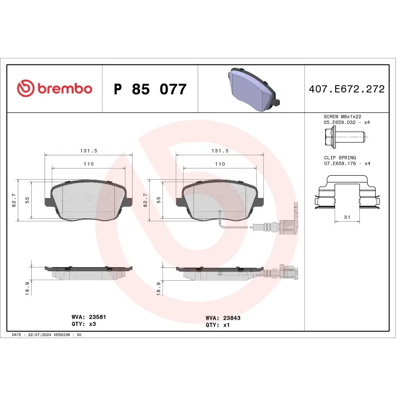 BREMBO P85077 Juego de pastillas de freno