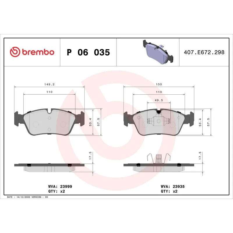 BREMBO P06035 Juego de pastillas de freno