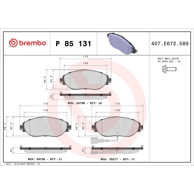 BREMBO P85131 Juego de pastillas de freno