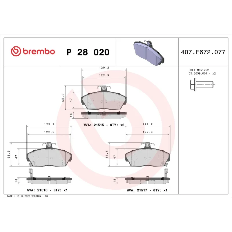 BREMBO P28020 Juego de pastillas de freno