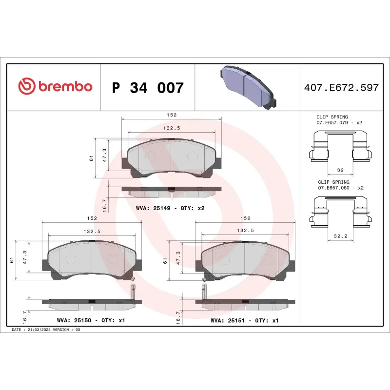 BREMBO P34007 Juego de pastillas de freno
