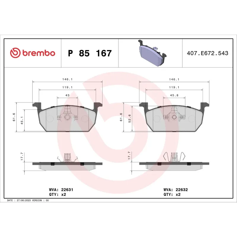 BREMBO P85167 Juego de pastillas de freno