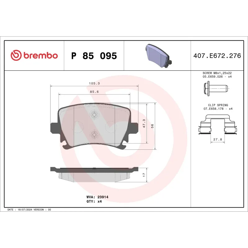 BREMBO P85095 Juego de pastillas de freno