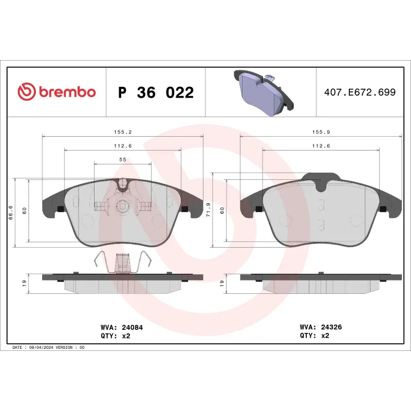 BREMBO P36022 Juego de pastillas de freno