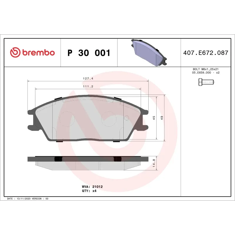 BREMBO P30001 Juego de pastillas de freno