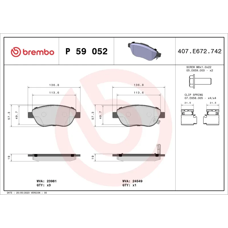 BREMBO P59052 Juego de pastillas de freno