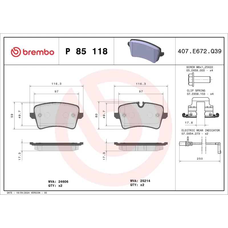 BREMBO P85118 Juego de pastillas de freno