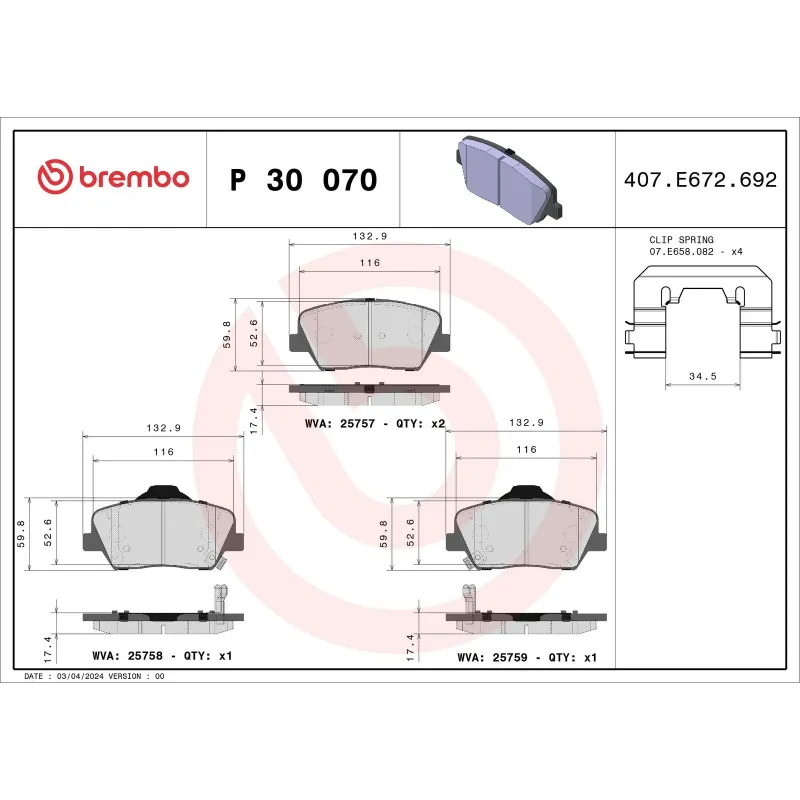 BREMBO P30070 Juego de pastillas de freno