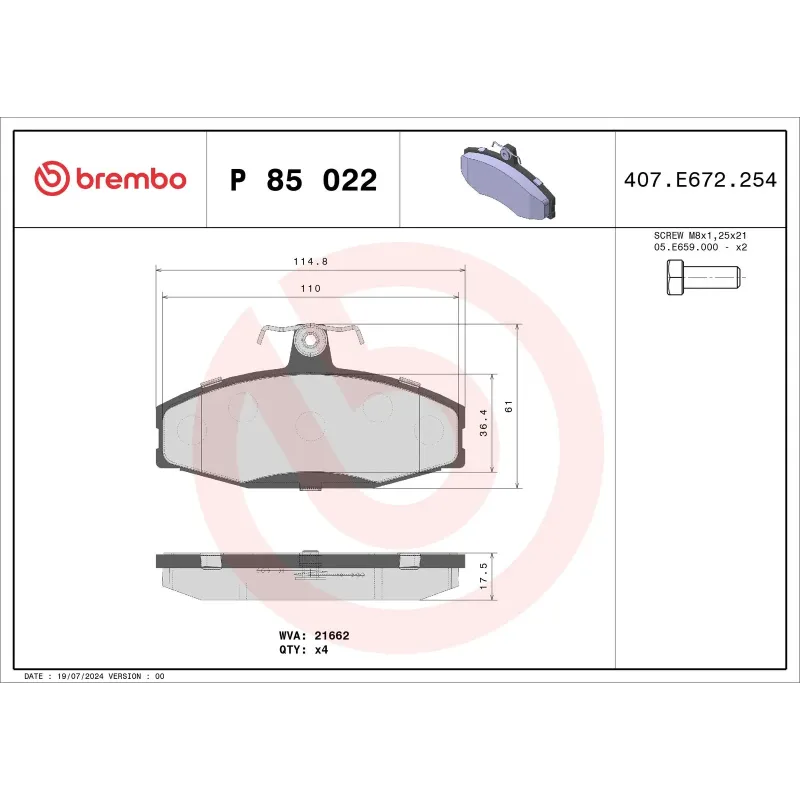 BREMBO P85022 Juego de pastillas de freno