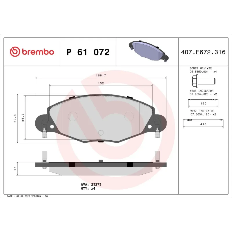 BREMBO P61072 Juego de pastillas de freno