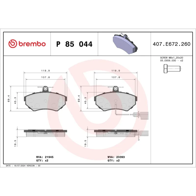 BREMBO P85044 Juego de pastillas de freno