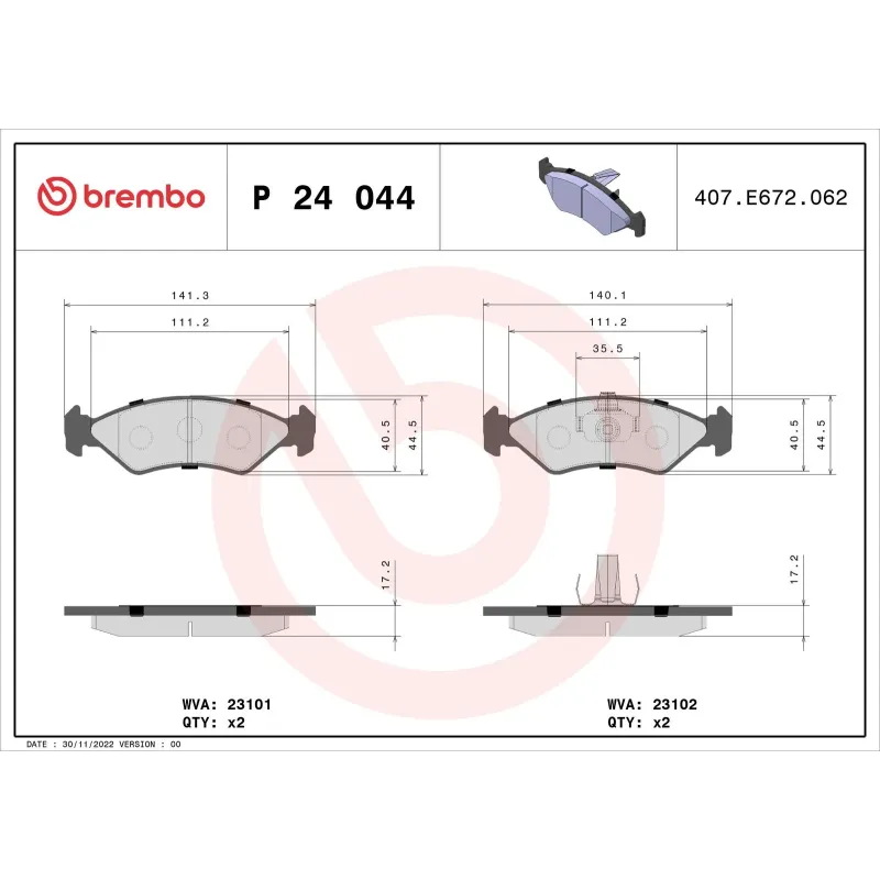 BREMBO P24044 Juego de pastillas de freno