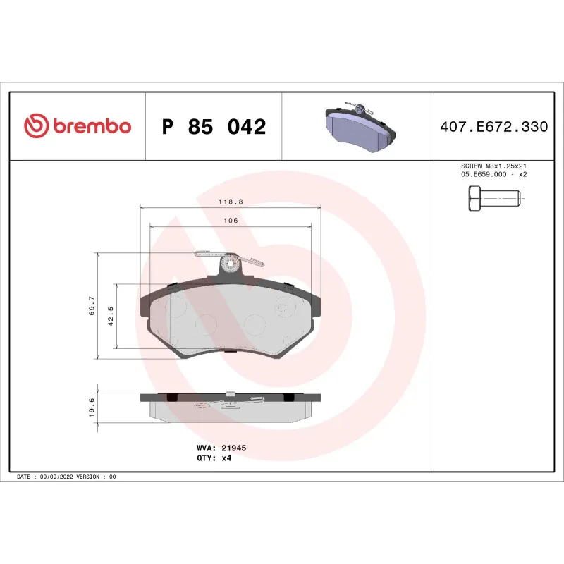 BREMBO P85042 Juego de pastillas de freno