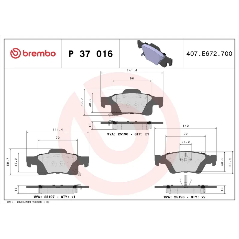 BREMBO P37016 Juego de pastillas de freno