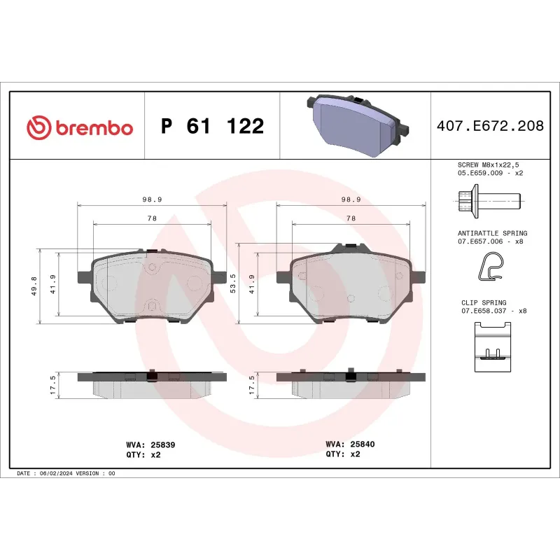 BREMBO P61122 Juego de pastillas de freno