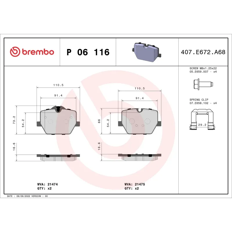 BREMBO P06116 Juego de pastillas de freno