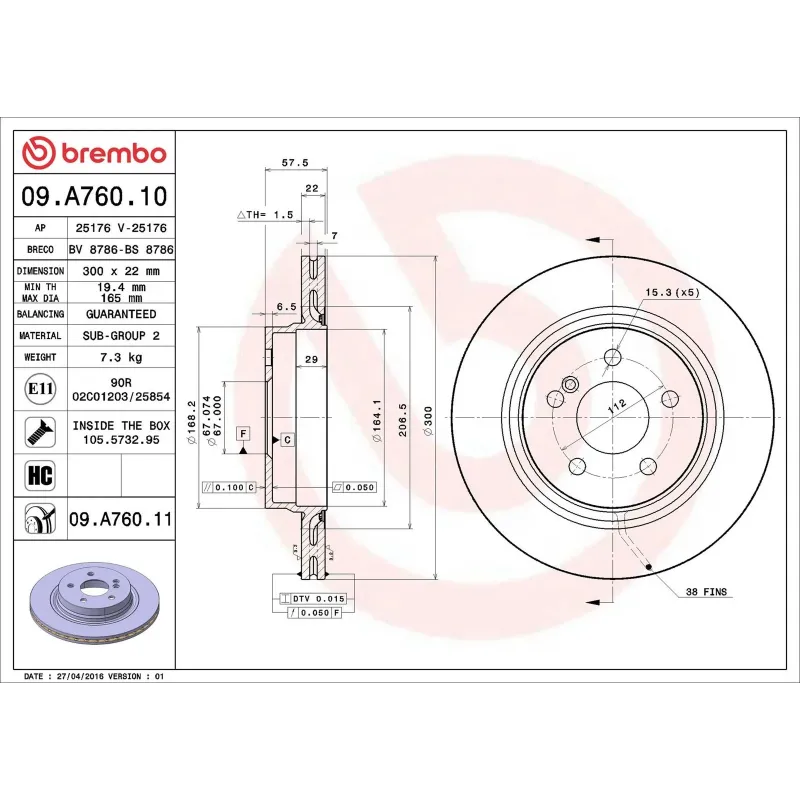 BREMBO 09.A760.10 Disco de freno (Unidad)