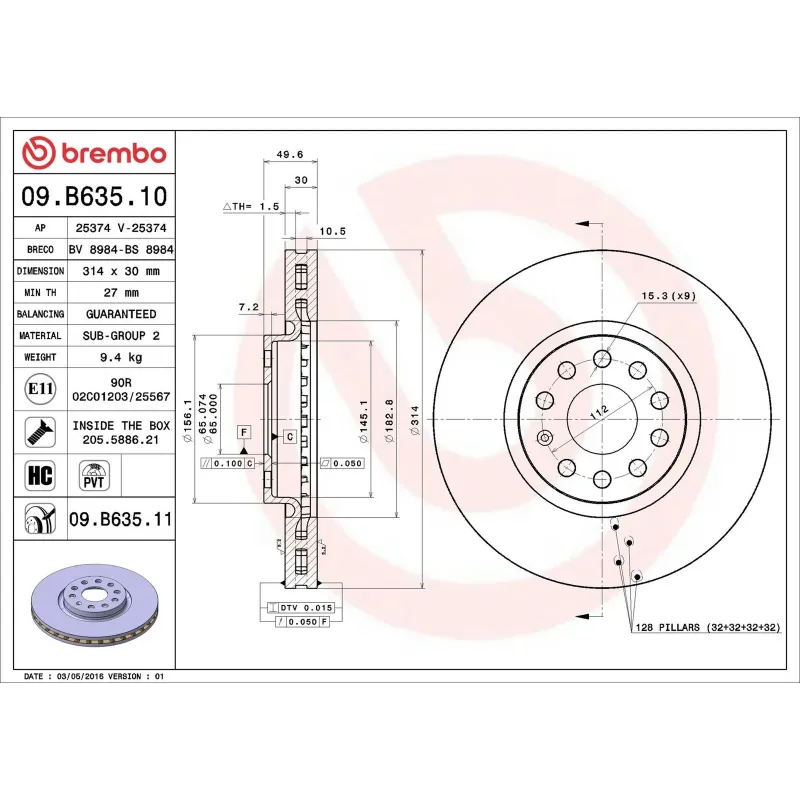 BREMBO 09.B635.10 Disco de freno (Unidad)