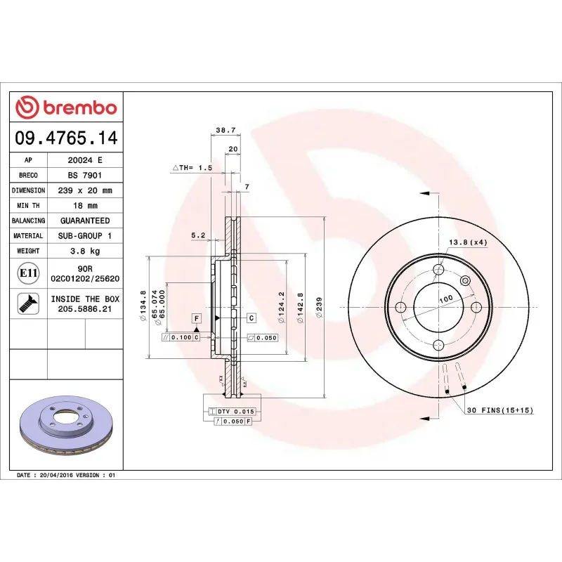 BREMBO 09.4765.14 Disco de freno (Unidad)
