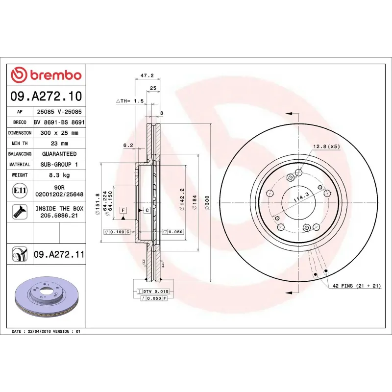 BREMBO 09.A272.10 Disco de freno (Unidad)