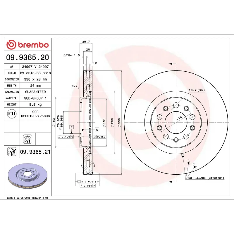 BREMBO 09.9365.20 Disco de freno (Unidad)