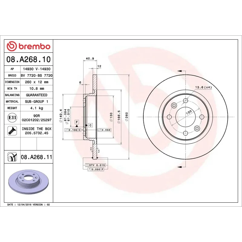 BREMBO 08.A268.10 Disco de freno (Unidad)