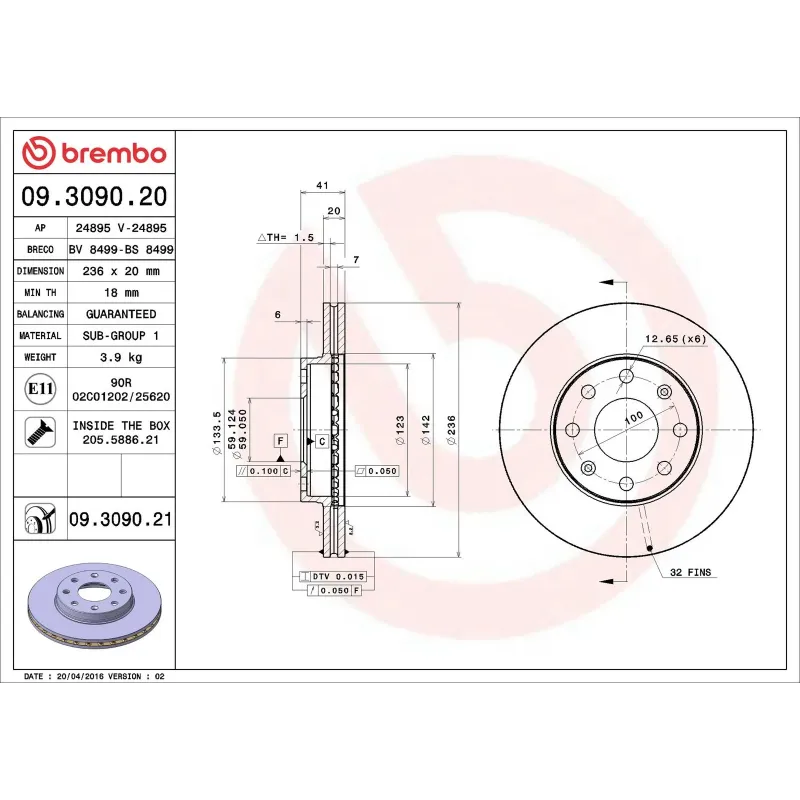 BREMBO 09.3090.20 Disco de freno (Unidad)