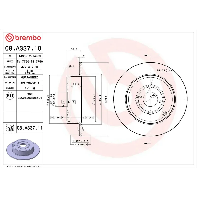 BREMBO 08.A337.10 Disco de freno (Unidad)