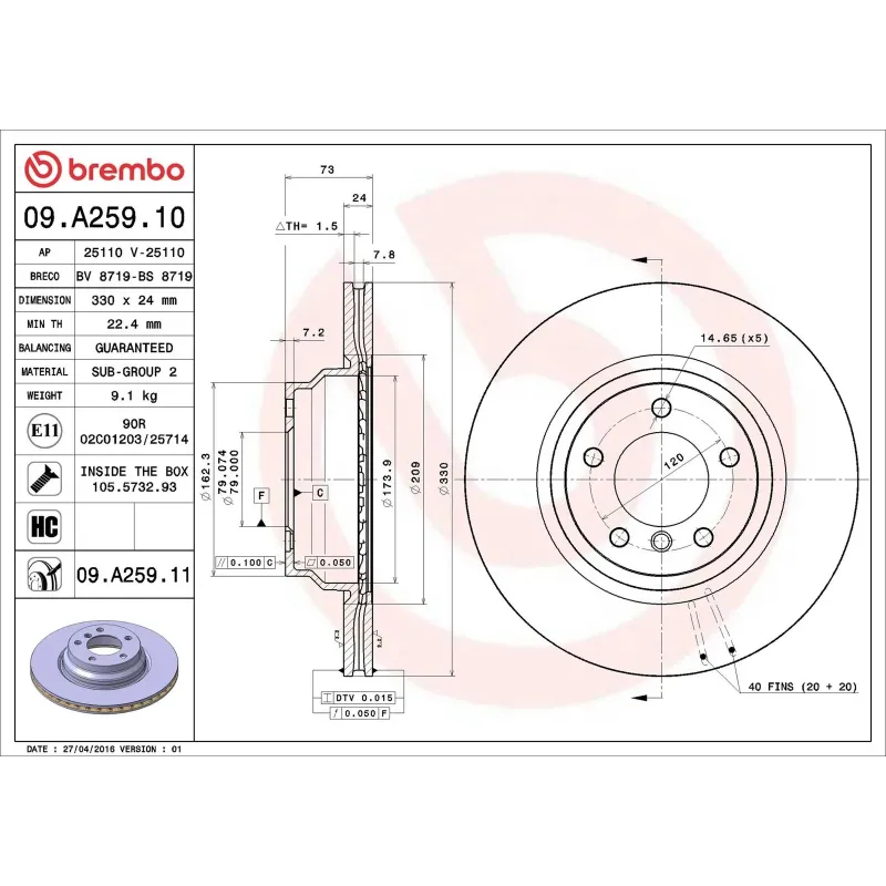 BREMBO 09.A259.10 Disco de freno (Unidad)