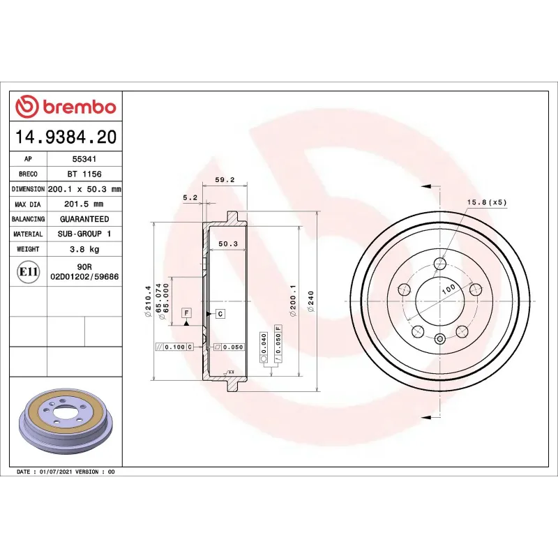 BREMBO 14.9384.20 Tambor de freno