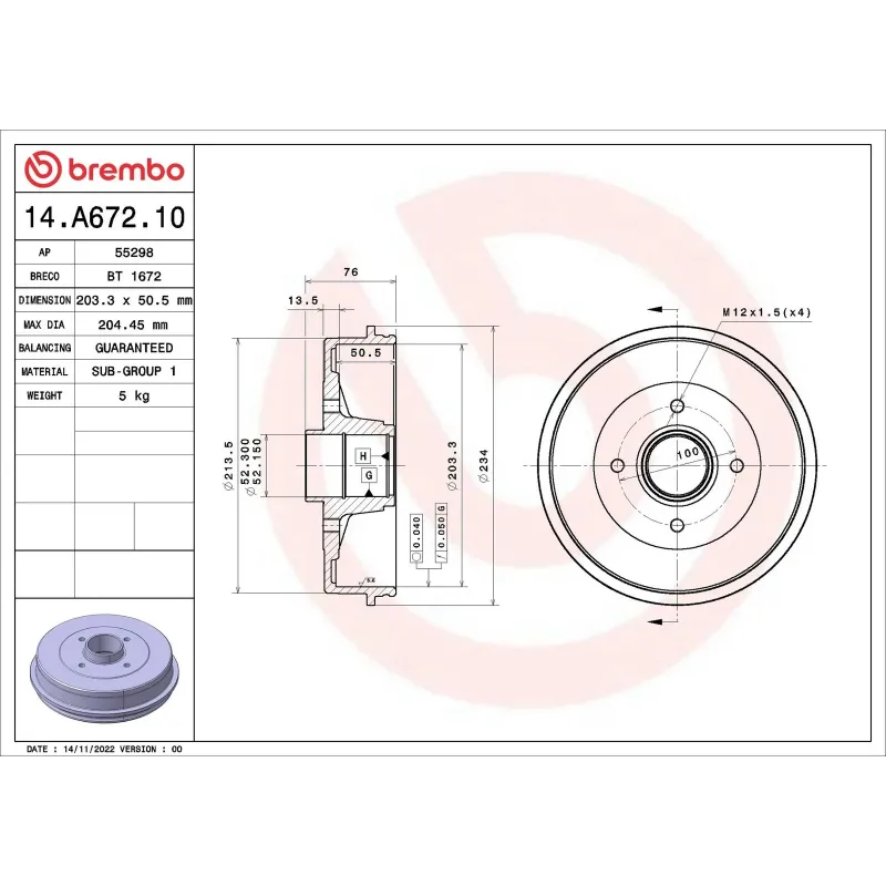 BREMBO 14.A672.10 Tambor de freno