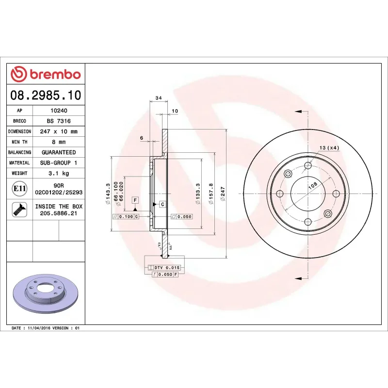 BREMBO 08.2985.10 Disco de freno (Unidad)