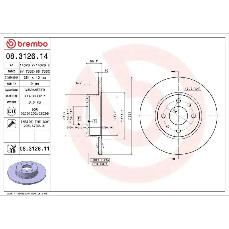 BREMBO 08.3126.14 Disco de freno (Unidad)
