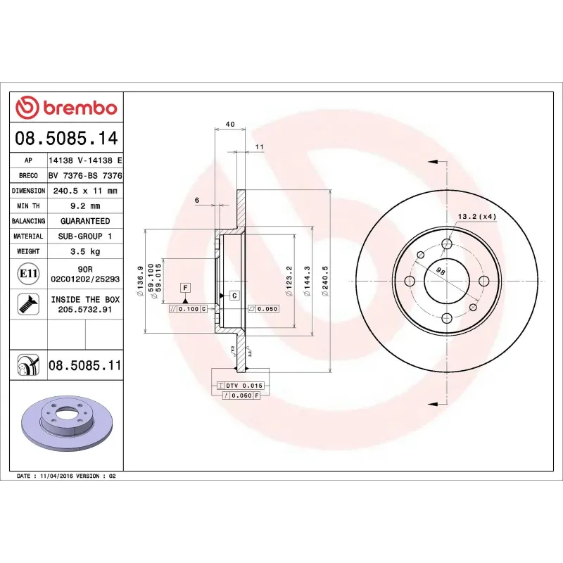 BREMBO 08.5085.14 Disco de freno (Unidad)
