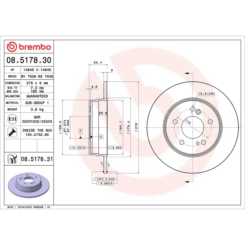 BREMBO 08.5178.30 Disco de freno (Unidad)