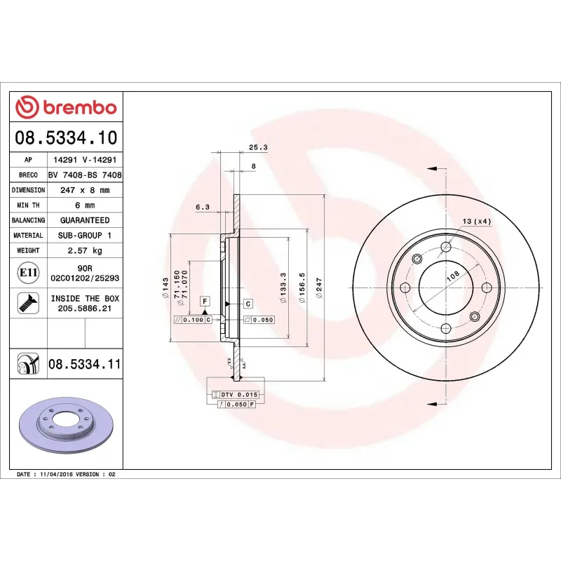BREMBO 08.5334.10 Disco de freno (Unidad)