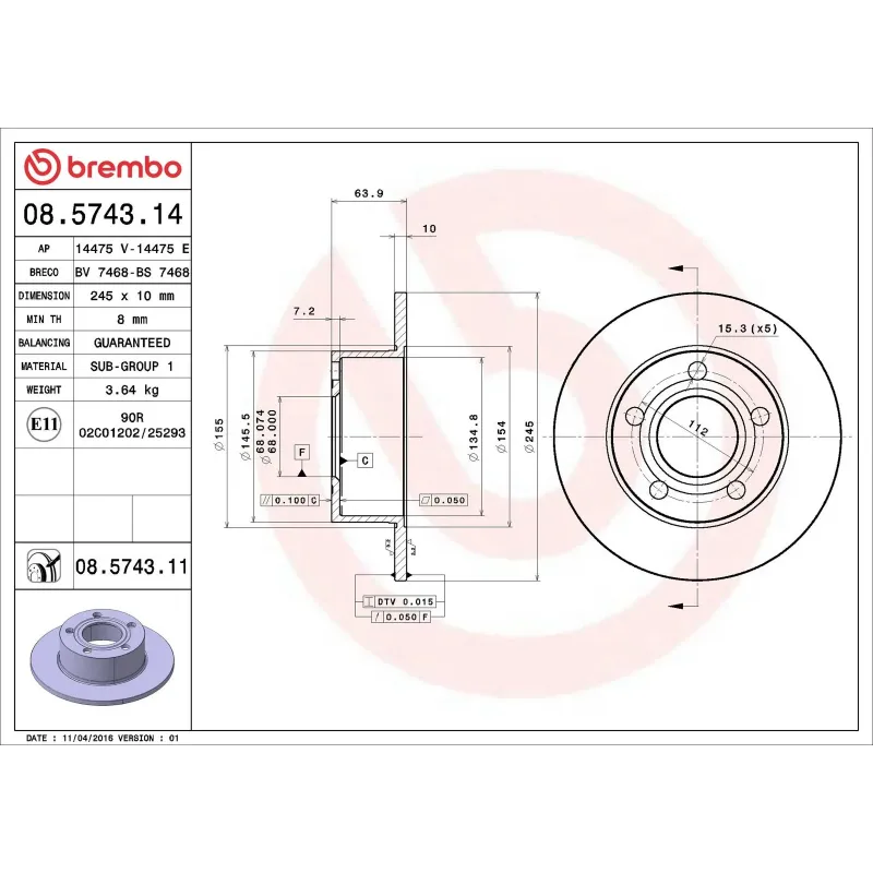 BREMBO 08.5743.14 Disco de freno (Unidad)