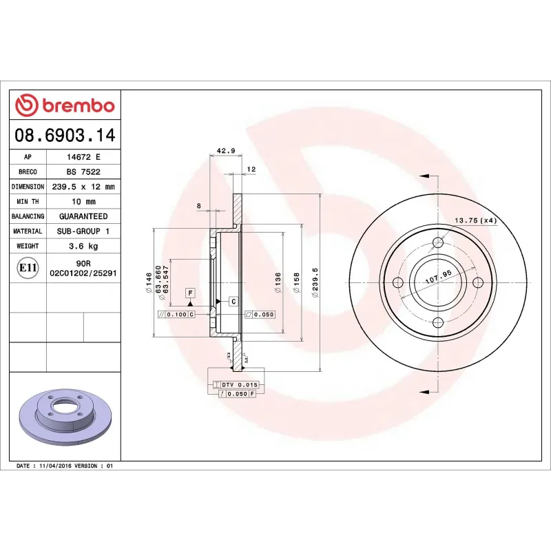 BREMBO 08.6903.14 Disco de freno (Unidad)