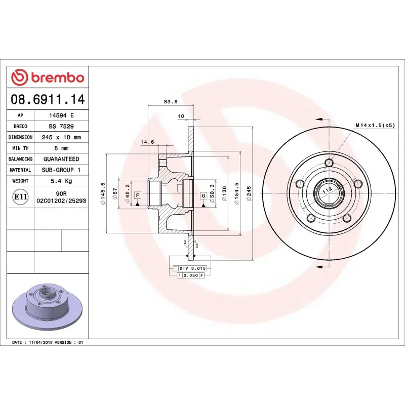 BREMBO 08.6911.14 Disco de freno (Unidad)