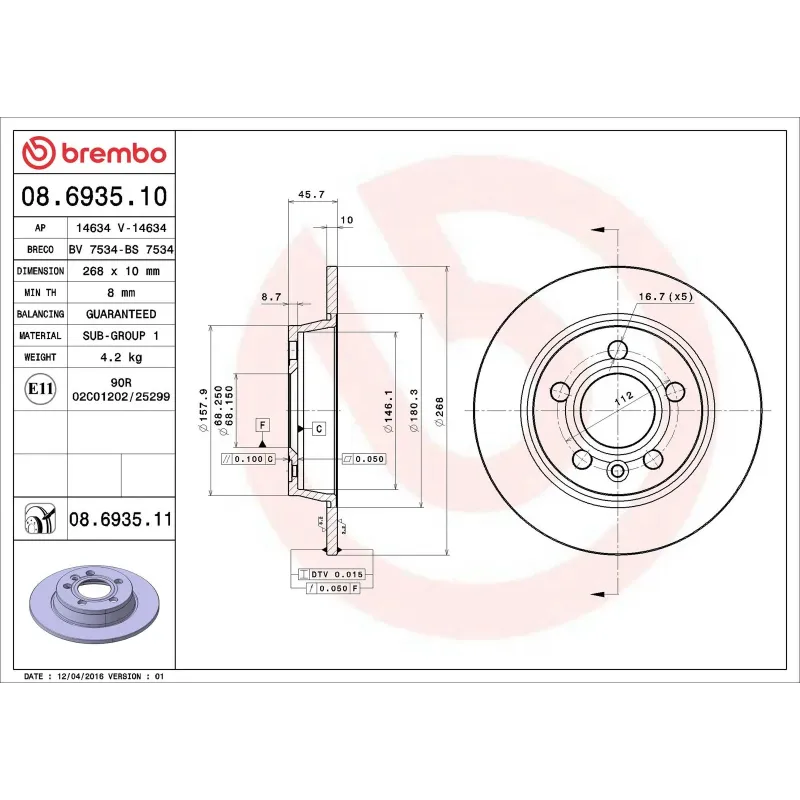 BREMBO 08.6935.10 Disco de freno (Unidad)