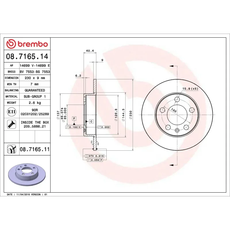 BREMBO 08.7165.14 Disco de freno (Unidad)