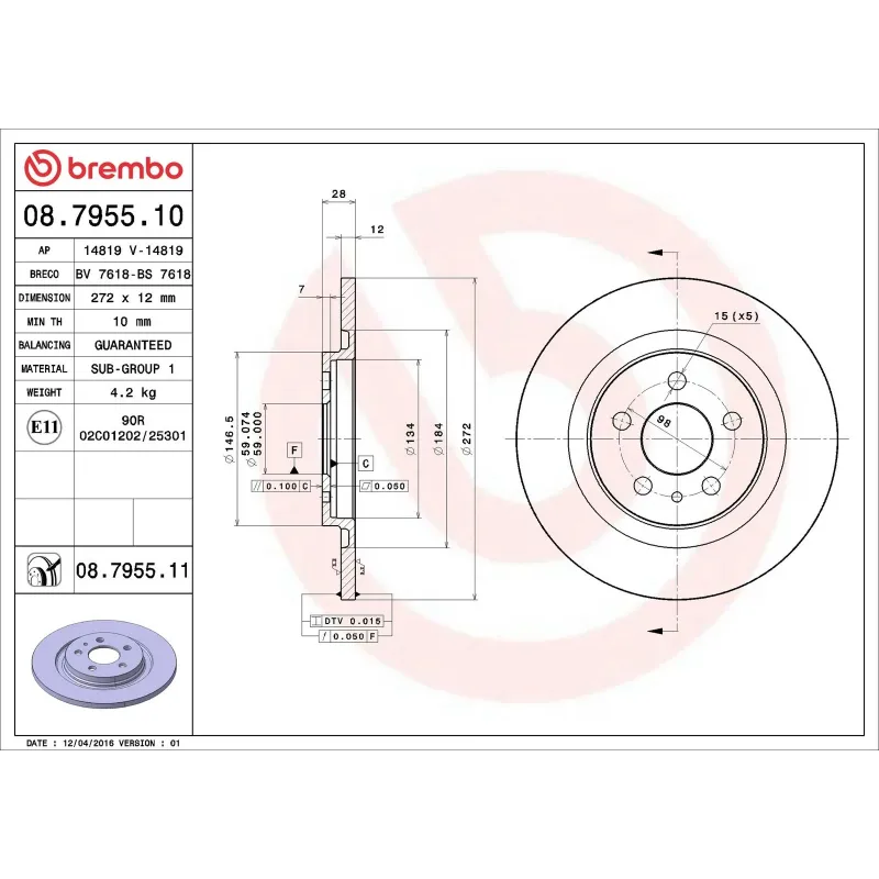 BREMBO 08.7955.10 Disco de freno (Unidad)