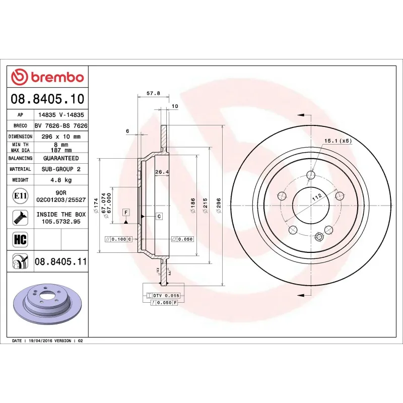 BREMBO 08.8405.10 Disco de freno (Unidad)